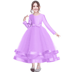 Girls Dress Long Sleeve Purple Ball Gown Wedding Party Pageant Size 6-12 Years