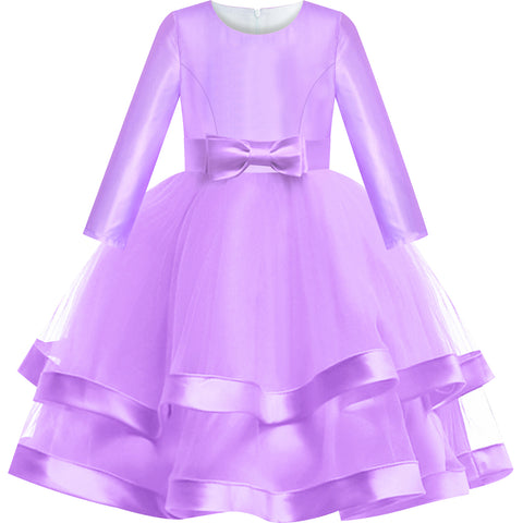 Girls Dress Long Sleeve Purple Ball Gown Wedding Party Pageant Size 6-12 Years