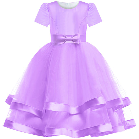 Girls Dress Short Sleeve Purple Ball Gown Wedding Party Pageant Size 6-12 Years