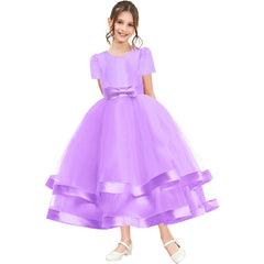 Girls Dress Short Sleeve Purple Ball Gown Wedding Party Pageant Size 6-12 Years