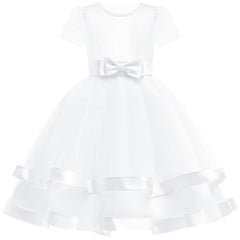 Girls Dress Short Sleeve White Ball Gown Wedding Party Pageant Size 6-12 Years