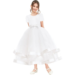 Girls Dress Short Sleeve White Ball Gown Wedding Party Pageant Size 6-12 Years