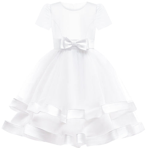 Girls Dress Short Sleeve White Ball Gown Wedding Party Pageant Size 6-12 Years