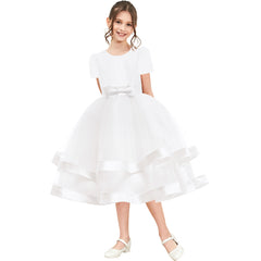 Girls Dress Short Sleeve White Ball Gown Wedding Party Pageant Size 6-12 Years