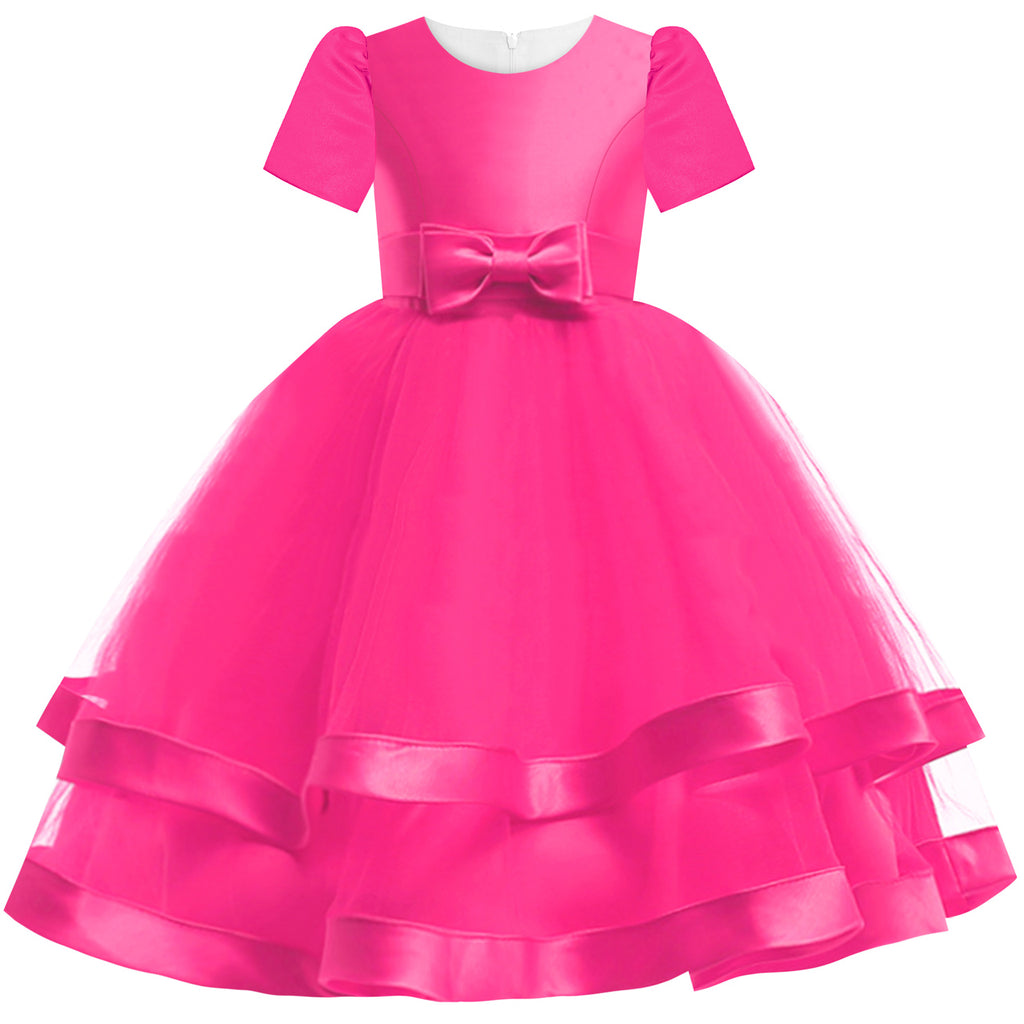 Girls Dress Short Sleeve Deep Pink Ball Gown Wedding Party Size 6-12 Years