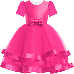 Girls Dress Short Sleeve Deep Pink Wedding Party Pageant Size 6-12 Years