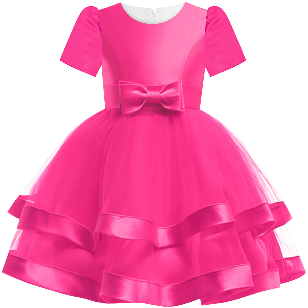 Girls Dress Short Sleeve Deep Pink Wedding Party Pageant Size 6-12 Years