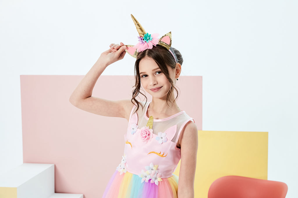 Girls Dress Unicorn Rainbow Tulle Unicorn Headband Party – Sunny Fashion