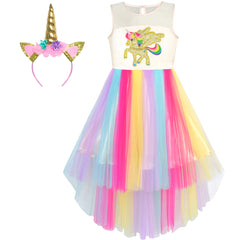 Girls Dress Unicorn Rainbow Tulle Costume Headband Party Size 7-10 Years