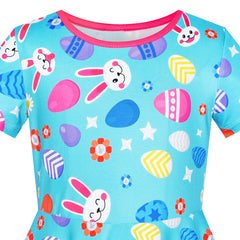 Girls Dress Easter Bunny Egg Hunt Blue Short Sleeve Size 3-8 Years