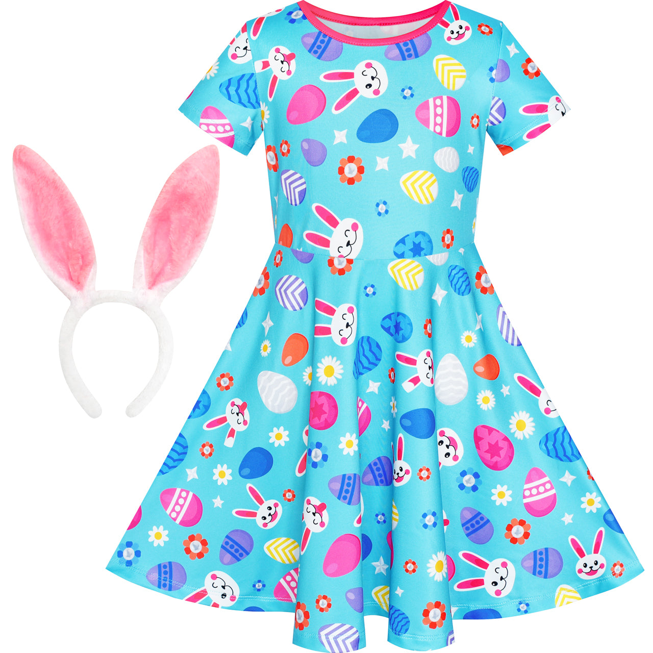 Girls Dress Easter Bunny Ears Headband Egg Hunt Size 3-10 Years