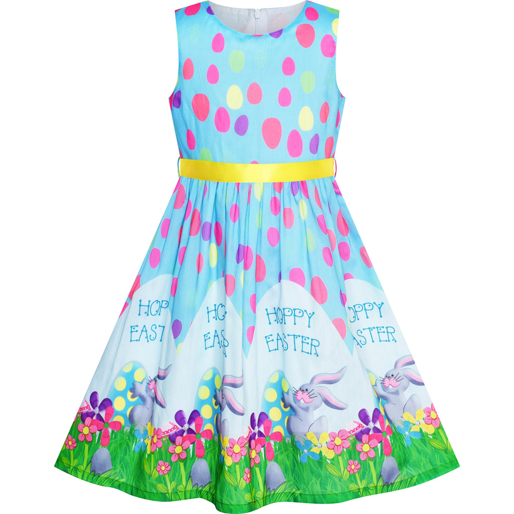 Girls Dress Easter Bunny Egg Hunt Blue Casual Party Size 2-10 Years