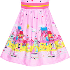 Girls Dress Cotton Casual Bow Tie Castle Sundress Size 2-8 Years