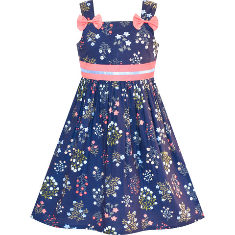Girls Dress Cotton Casual Bow Tie Floral Sundress Size 2-8 Years