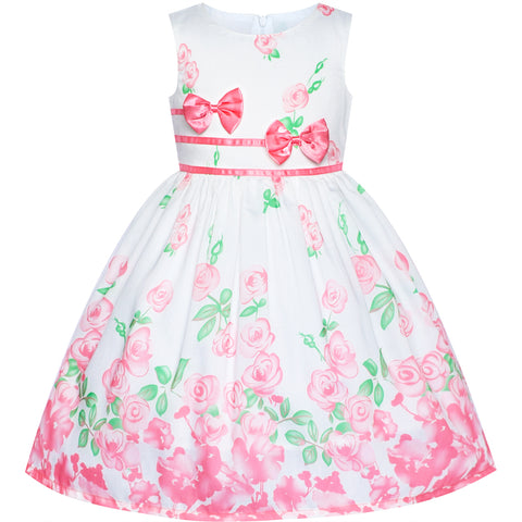 Girls Dress Pink Casual Rose Flower Double Bow Tie Size 4-12 Years