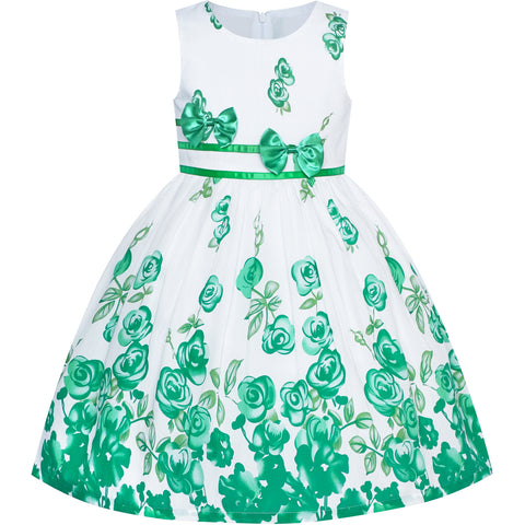 Girls Dress Green Casual Rose Flower Double Bow Tie Size 4-12 Years
