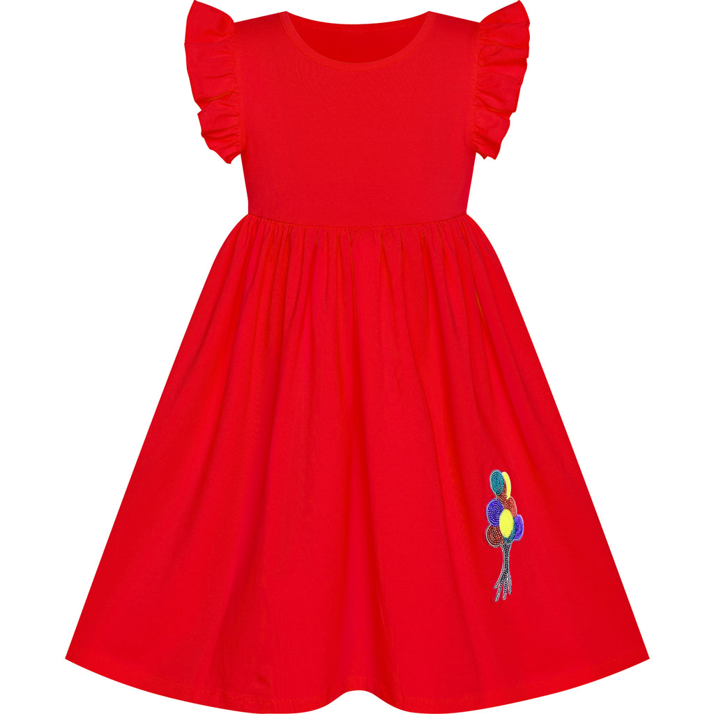 Girls Dress Red Casual Cotton Flying Sleeve Balloon Size 3-7 Years