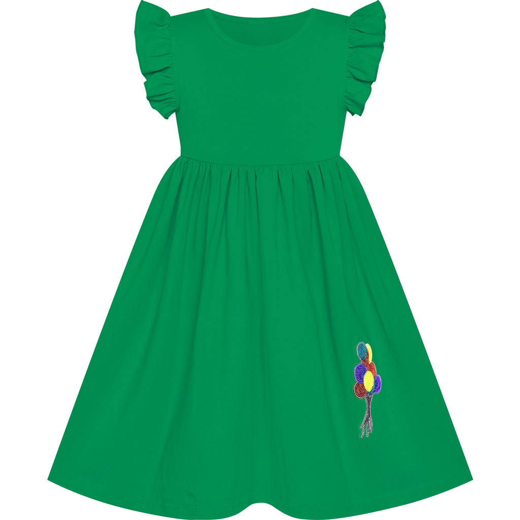 Girls Dress Green Casual Cotton Flying Sleeve Balloon Size 3-7 Years