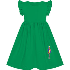 Girls Dress Green Casual Cotton Flying Sleeve Balloon Size 3-7 Years