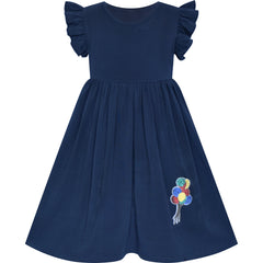 Girls Dress Navy Blue Casual Cotton Flying Sleeve Balloon Size 3-7 Years