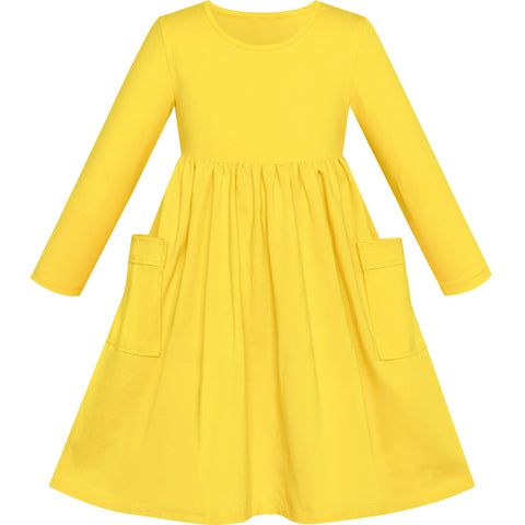 Girls Dress Yellow Casual Cotton Long Sleeve Dress Size 3-8 Years