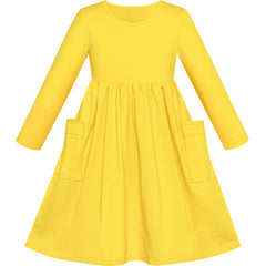 Girls Dress Yellow Casual Cotton Long Sleeve Dress Size 3-8 Years