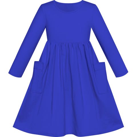 Girls Dress Classic Blue Casual Cotton Long Sleeve Dress Size 3-8 Years