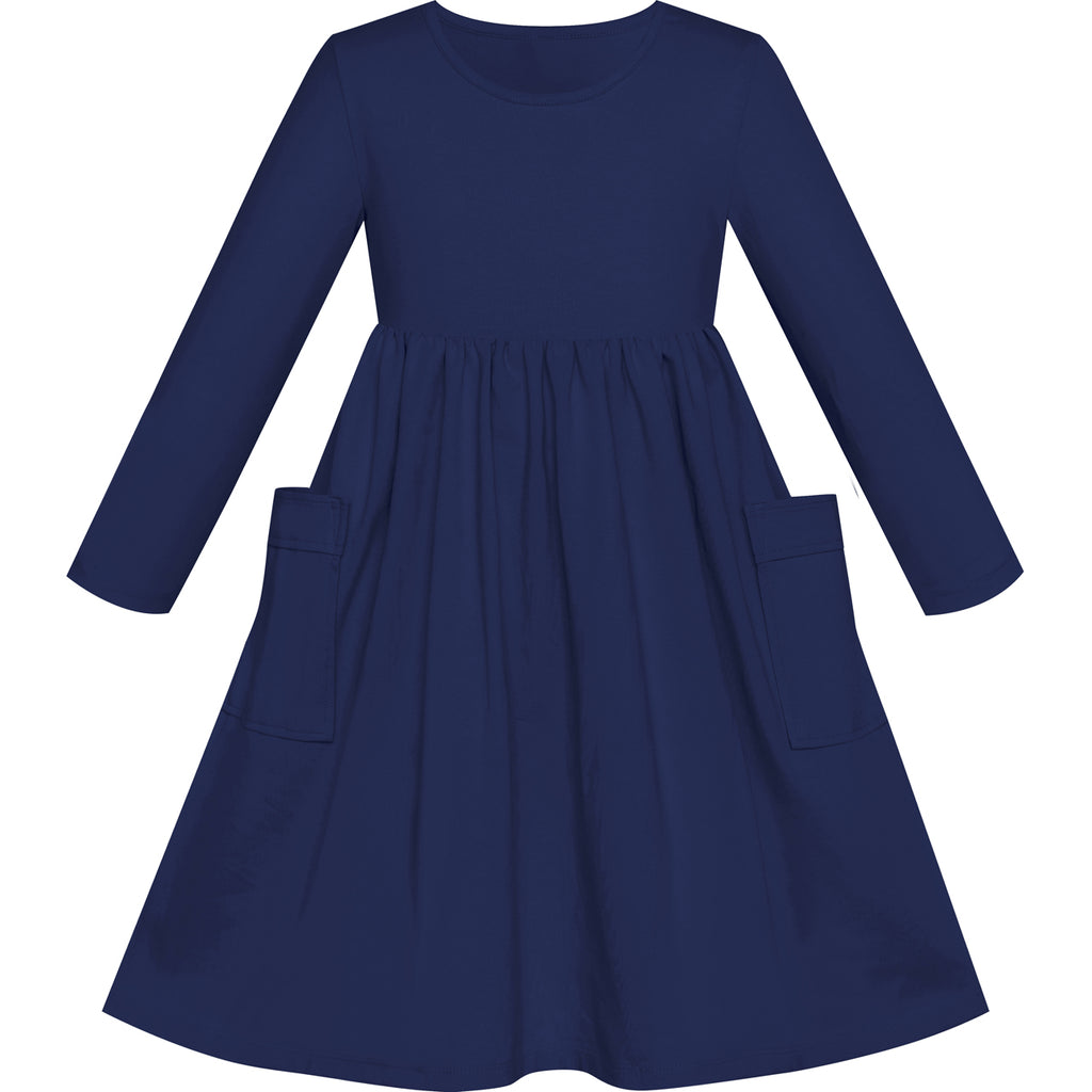 Girls Dress Navy Blue Casual Cotton Long Sleeve Dress Size 3-8 Years