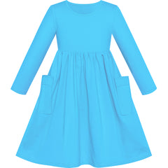 Girls Dress Blue Casual Cotton Long Sleeve Dress Size 3-8 Years