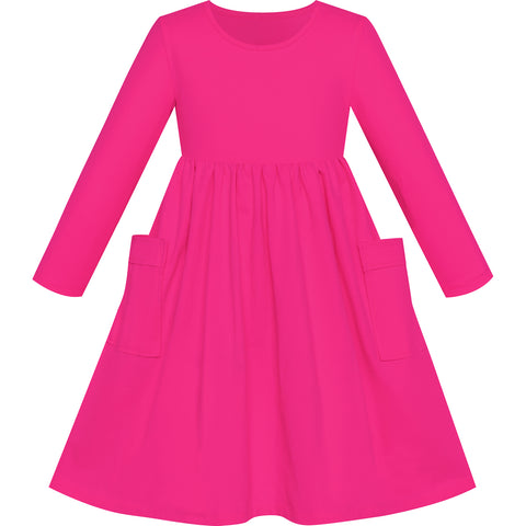 Girls Dress Deep Pink Casual Cotton Long Sleeve Dress Size 3-8 Years