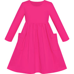 Girls Dress Deep Pink Casual Cotton Long Sleeve Dress Size 3-8 Years