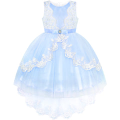 Flower Girl Dress Lace Hi-low Skirt Blue Wedding Pageant Size 6-12 Years