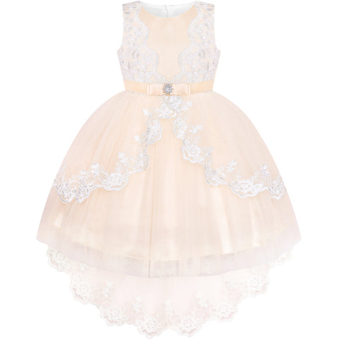 Flower Girl Dress Lace Hi-low Skirt Champagne Wedding Pageant Size 6-12 Years