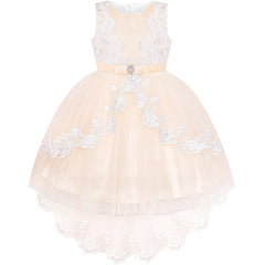 Flower Girl Dress Lace Hi-low Skirt Champagne Wedding Pageant Size 6-12 Years