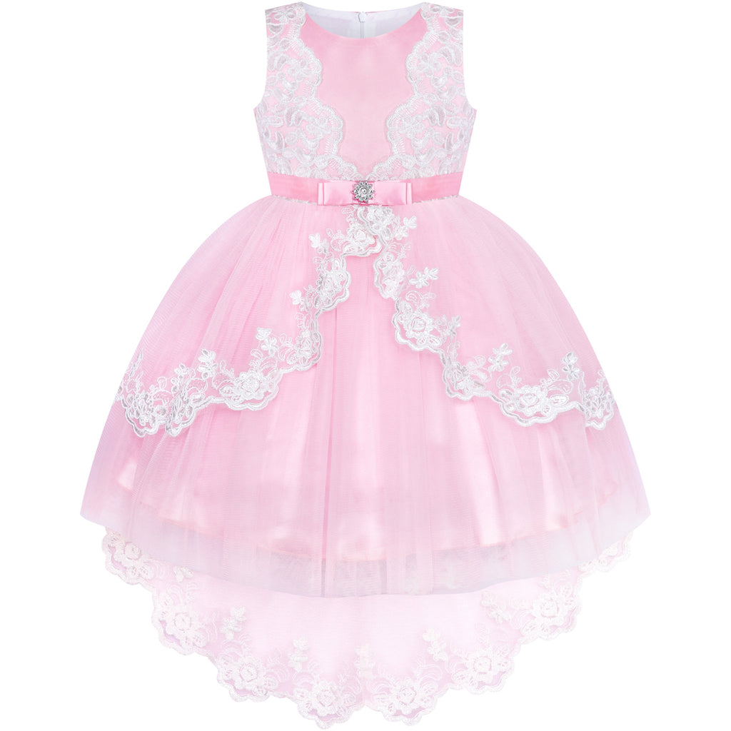 Flower Girl Dress Lace Hi-low Skirt Pink Wedding Pageant Size 6-12 Years