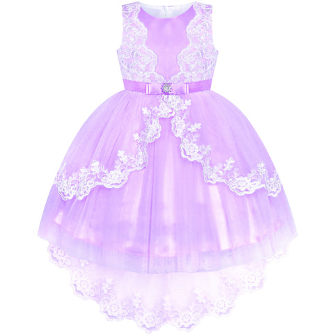 Flower Girl Dress Lace Hi-low Skirt Purple Wedding Pageant Size 6-12 Years