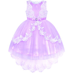 Flower Girl Dress Lace Hi-low Skirt Purple Wedding Pageant Size 6-12 Years
