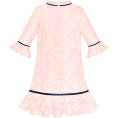 Girls Dress Lace Bow Tie Light Pink Elegant 3/4 Sleeve Size 5-10 Years