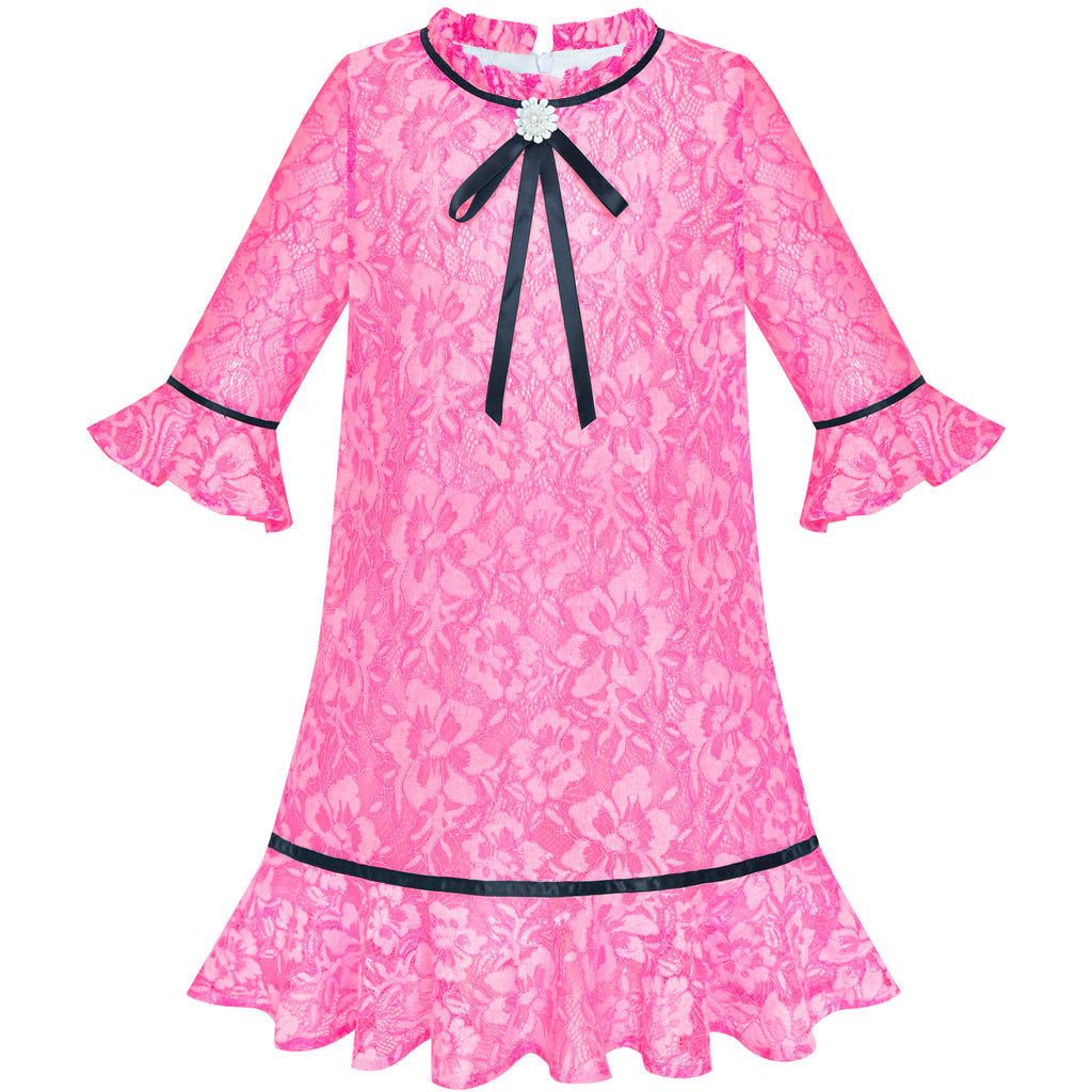 Girls Dress Lace Bow Tie Deep Pink Elegant 3/4 Sleeve Size 5-10 Years
