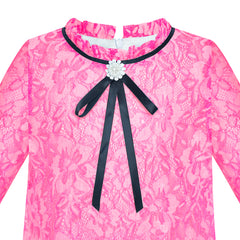 Girls Dress Lace Bow Tie Deep Pink Elegant 3/4 Sleeve Size 5-10 Years