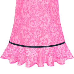 Girls Dress Lace Bow Tie Deep Pink Elegant 3/4 Sleeve Size 5-10 Years