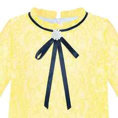 Girls Dress Lace Bow Tie Yellow Elegant 3/4 Sleeve Size 5-10 Years