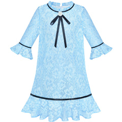 Girls Dress Lace Bow Tie Blue Elegant 3/4 Sleeve Size 5-10 Years