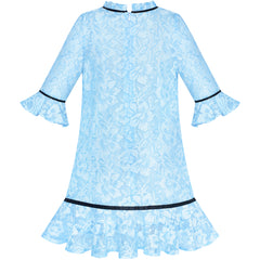 Girls Dress Lace Bow Tie Blue Elegant 3/4 Sleeve Size 5-10 Years