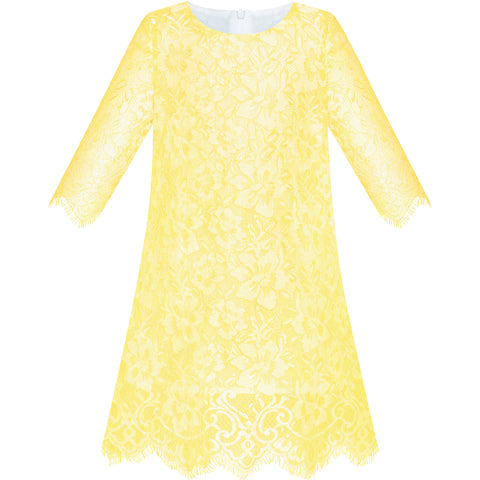 Girls Dress Lace Wave Hem Yellow Elegant Party Size 5-10 Years