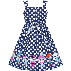 Girls Dress Navy Blue Polka Dot Bow Tie Casual Sundress Size 2-8 Years