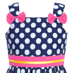 Girls Dress Navy Blue Polka Dot Bow Tie Casual Sundress Size 2-8 Years