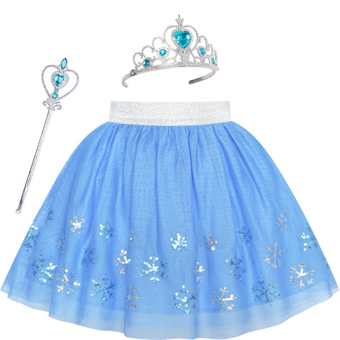 Girls Skirt Blue Snow Queen Costume Crown Wand Tutu Dancing Size 2-10 Years