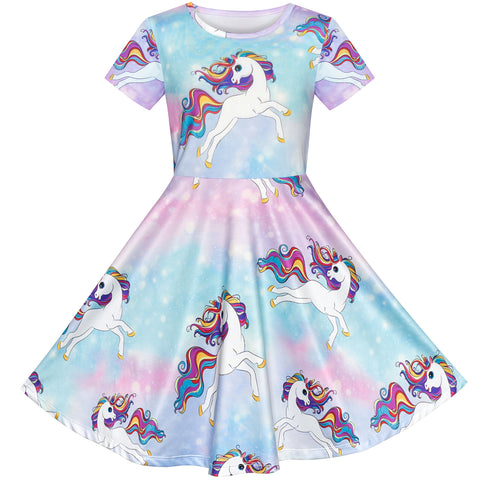 Girls Dress Blue Unicorn Short Sleeve Casual Dress Size 5-10 Years