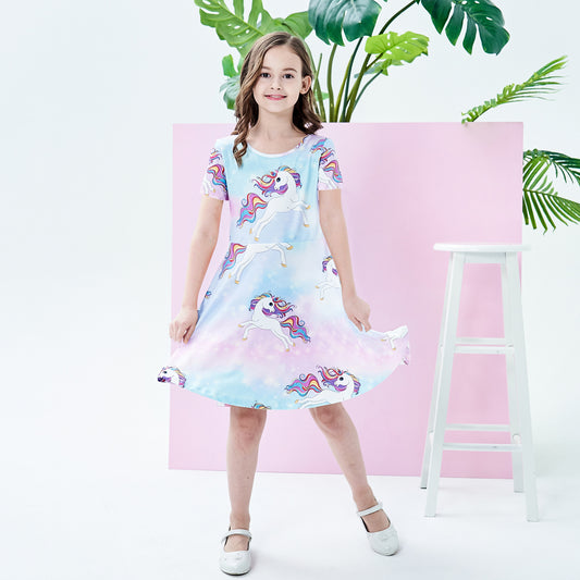 Girls Dress Unicorn Short Sleeve Casual Dress Size 4-12 Years
